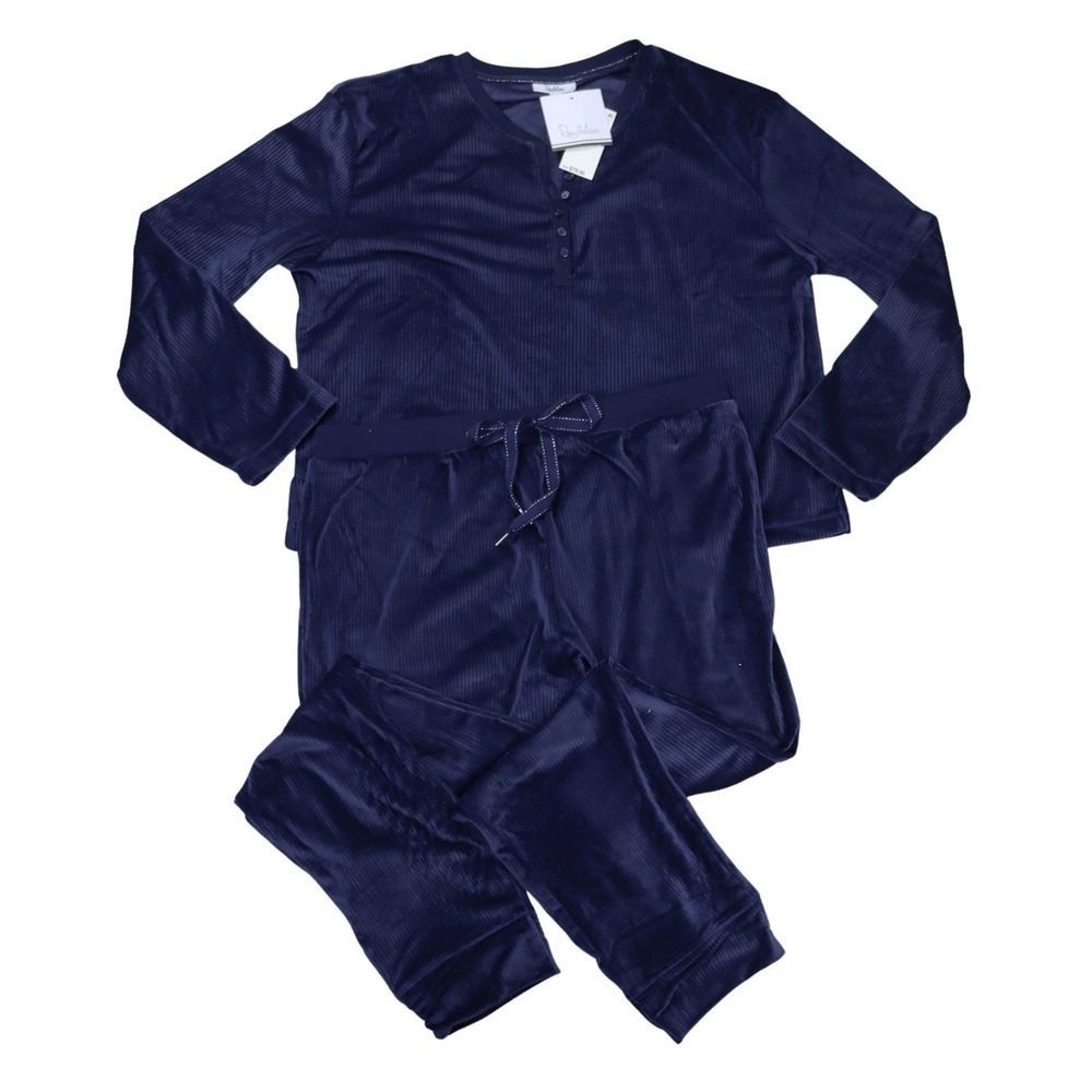 Roudelain Womens Ribbed Velour Pajama Set Henley Top Joggers Blue XL 2PC PJs NWT